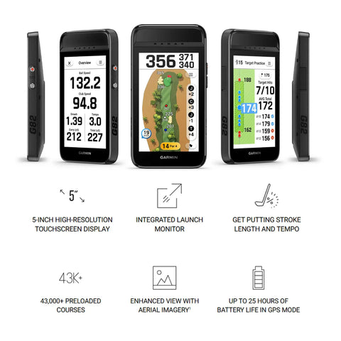 Multiple views of the Approach G82 Launch Monitor And GPS Golf Handheld With 5 Inch Touchscreen Built In Radar Putting Metrics.