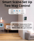 Living room scene with NSPanel Smart Wall Switch With Touchscreen, Two Channel WiFi Scene Controller on wall.