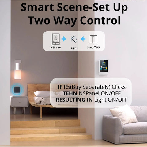 Living room scene with NSPanel Smart Wall Switch With Touchscreen, Two Channel WiFi Scene Controller on wall.