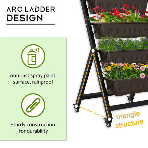 Five Tier Vertical Garden Planter With Wheels For Indoor Outdoor Use showing arc ladder design and growing flowers on tiers.