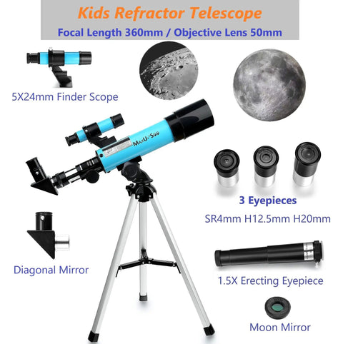 Kids Moon Telescope For Beginners With Finder Scope And 3 Eyepieces, Portable Refractor Telescope Kit for kids with tripod