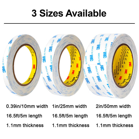 Three sizes of Heavy Duty Double Sided Mounting Tape 1 Inch By 16.5 Feet PE Foam Waterproof Adhesive For Wall Art Pictures And Posters