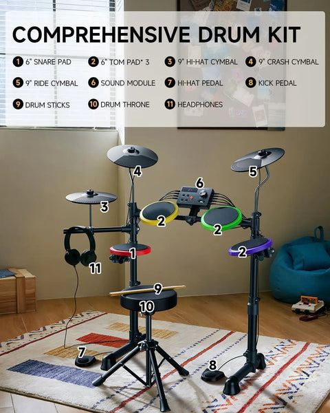 Kids Electric Drum Set 7 Piece With Quiet Silicone Pads And 9 Inch Cymbals, 150 Sounds And 15 Kits in home setting.
