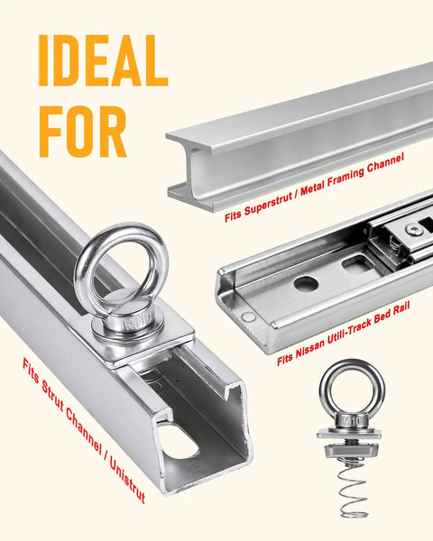 Heavy Duty Strut Channel Nut And Eye Bolt Kit With M8 And M10 Eye Bolts and M10 T Slot Nuts Stainless Steel And Zinc Plated Spring Nuts For Unistrut Pack Of 4 For Versatile Utility Projects Like Bed Rails And Utili Track showcased