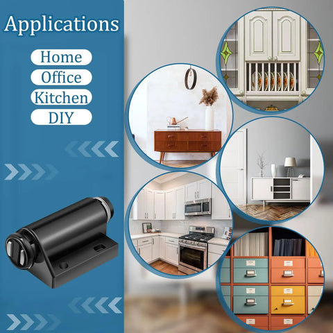 Zero Hassle Heavy Duty Magnetic Push To Open Cabinet Latches With Complete Hardware Kit For Drawers Closets Pantries Straight Up Smooth Pop Out Touch Catch Black showcased in home, office, kitchen, and DIY settings.