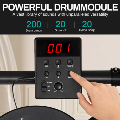 Hand using drum module of All In One Beginner Electric Drum Set With Four Quiet Eight Inch Pads, Three Ten Inch Cymbals, 120 Sounds
