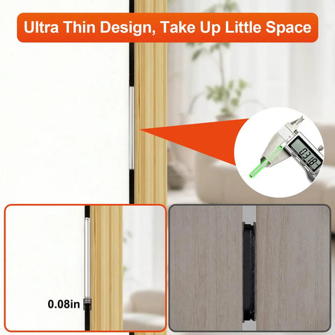 Measurement and installation view of Ultra Thin Cabinet Door Magnets 4 Pack No Drill Stainless Steel Magnetic Latches Stick On Strong Adhesive