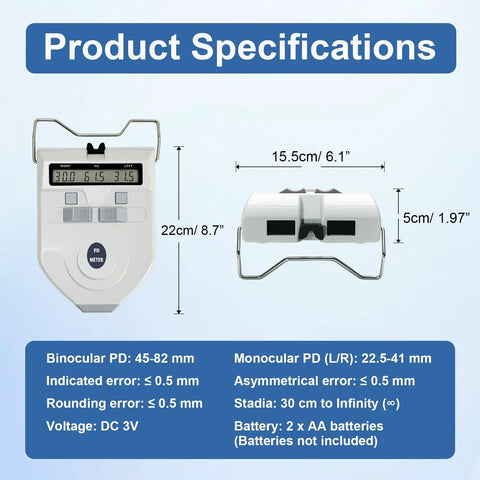Pro Grade Digital Pupilometer With LED PD Meter, Memory Function, Diopter Compensation, And Interpupillary Distance Tool For Precise Eyewear Fitting Anywhere product specs with 22cm size and PD range