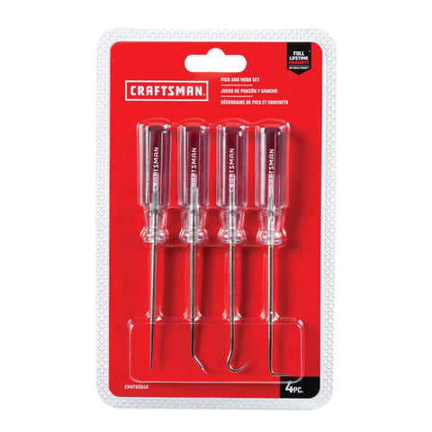 Heavy Duty Four Piece Pick And Hook Screwdriver Set Uses Heat Treated Alloy Steel Blades With Comfort Acetate Handle Satin Nickel Finish in packaging.