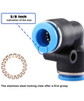 Close-up of 3/8 inch push-to-connect fitting from Pro Grade 1/2 Inch PU Air Hose Kit 60 Ft With 28 Piece Push To Connect Fittings