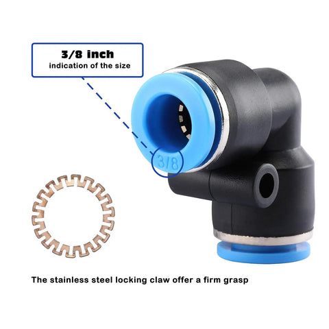 Close-up of 3/8 inch push-to-connect fitting from Pro Grade 1/2 Inch PU Air Hose Kit 60 Ft With 28 Piece Push To Connect Fittings