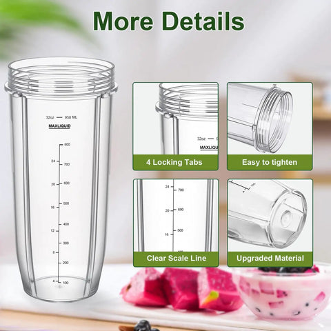 32 Ounce Blender Cups Replacement Durable With Sip And Seal Lids For Ninja Blenders Compatible With Auto IQ Series BL450 BL480 BL642 BL680 BN801 SS101 SS151 And More showing clear 32oz cup with locking tabs, scale line, upgraded material.