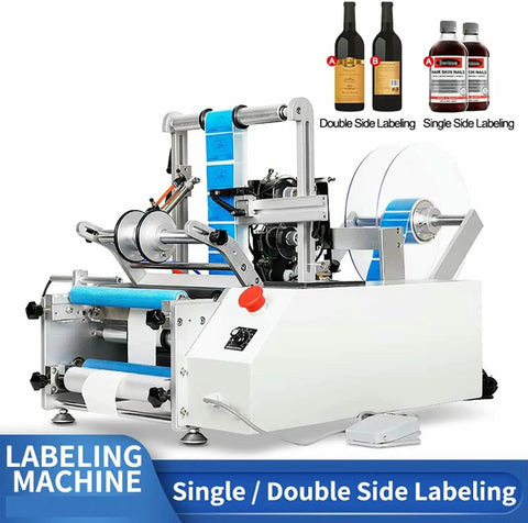 Automatic Round Bottle Labeling Machine Single And Double Side Sticker Applicator High Speed Labeler For Wide Mouth Containers, detailed view of labeling machine setup.