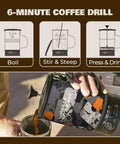 Portable Camping Coffee Maker Electric French Press Travel Kettle 120V pouring coffee into a cup outdoors.