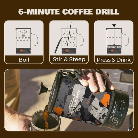 Portable Camping Coffee Maker Electric French Press Travel Kettle 120V pouring coffee into a cup outdoors.