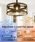 Farmhouse Style Ceiling Fan With Light And Remote Caged Low Profile Flush Mount Ceiling Fan In Black And Wood Perfect For Kitchen Bedroom Living Room Dining Room Vintage Vibe, showing adjustable fan speed with summer and winter modes