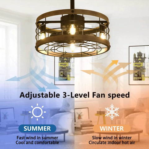 Farmhouse Style Ceiling Fan With Light And Remote Caged Low Profile Flush Mount Ceiling Fan In Black And Wood Perfect For Kitchen Bedroom Living Room Dining Room Vintage Vibe, showing adjustable fan speed with summer and winter modes