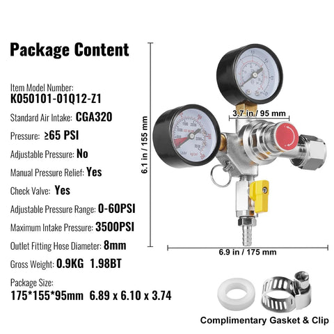 Front view of double-gauge CO2 regulator for draft beer with CGA320 inlet, yellow on/off lever, 0–60 PSI.