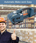 Legit Electric Strapping Machine For Half To Five Eighth Inch PP PET Strap in a warehouse setting, held by a smiling operator.