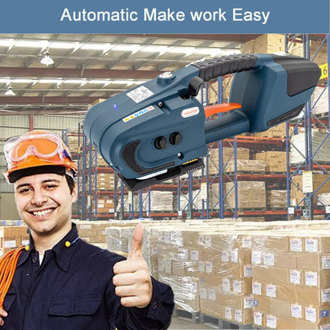 Legit Electric Strapping Machine For Half To Five Eighth Inch PP PET Strap in a warehouse setting, held by a smiling operator.