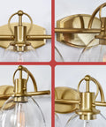 Close-up details of Three Light Vanity Bathroom Light With Clear Glass Shades In Warm Brass Finish, showing mounting and glass
