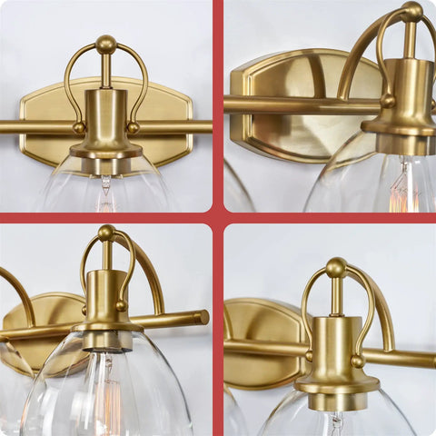 Close-up details of Three Light Vanity Bathroom Light With Clear Glass Shades In Warm Brass Finish, showing mounting and glass