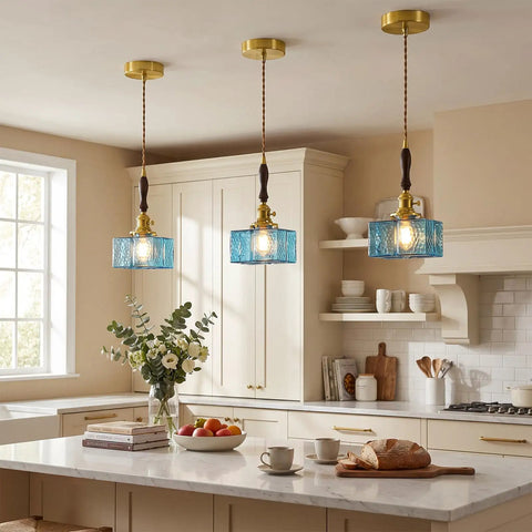 BBLLWJ 1-Pack Vintage Pendant Light for Kitchen Island, Brass & Wood Hanging Fixture with 78" Adjustable Cord, Blue Rectangular Hammered Glass Ceiling Light for Dining Room, Sink, Bedroom in kitchen ambiance.