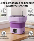 Slick Mini Folding Washing Machine 6 Liter Portable Unit designed for college dorms showing purple collapsible body and control panel.