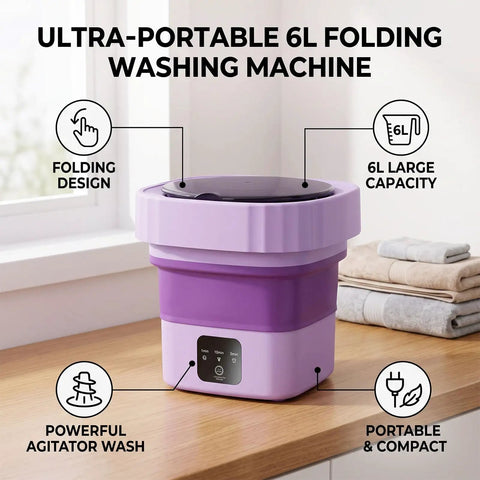 Slick Mini Folding Washing Machine 6 Liter Portable Unit designed for college dorms showing purple collapsible body and control panel.