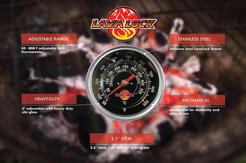 Black Face BBQ Grill Thermometer 50F To 900F High Temp Range with stainless steel body and adjustable features in focus