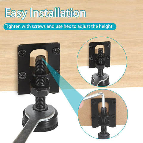 Heavy Duty 2.2 Inch L Shaped Furniture Leveler Feet Kit showing adjustable leveler installation with screws and wrench.