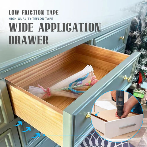 Silky Smooth Low Friction Drawer Glide Tape 1 Inch By 33 Feet Self Adhesive Cabinet Slide Protector For Furniture Wood Metal Anti Scratch White Game Changer Strip used on a wooden drawer.