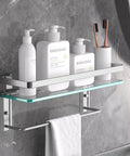 Glass Shelf With Towel Bar For Bathroom, 15.2 By 4.5 Inches, Wall Mount Organizer In Silver with toiletries and towels