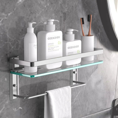 Glass Shelf With Towel Bar For Bathroom, 15.2 By 4.5 Inches, Wall Mount Organizer In Silver with toiletries and towels