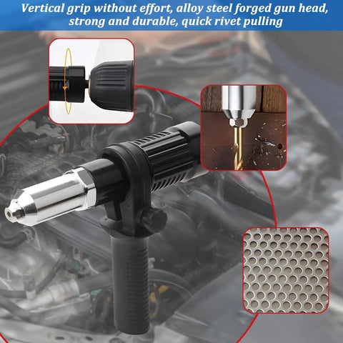 Cordless Car Rivet Gun Adapter Kit With Four Rivet Heads Power Drill Attachment For Auto Body Repairs shown in use