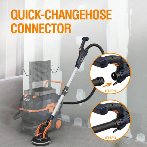 Electric Drywall Sander With Vacuum Dust Collection demonstrating hose connection feature against a wall