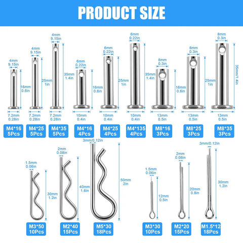 122 Piece Cotter Pin Clevis Pin R Clip Kit With Zinc Plated Hair Pin Assortment For Trailer Latch size details