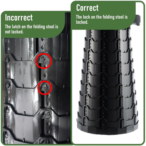 Close-up showing incorrect and correct locking positions on Ultra Sturdy Foldable Stool for Outdoor Adventures Portable Collapsible Chair.