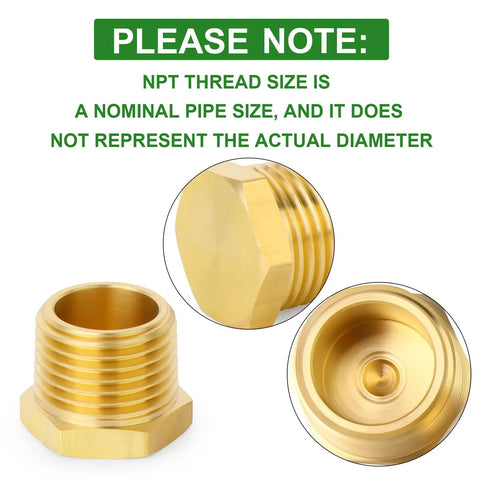 Brass Outer Hex Thread Socket Pipe Plug Fittings Set, Fifteen Pieces, One Quarter Inch NPT Male, Heavy Duty, Rust Proof, focus on plug detail
