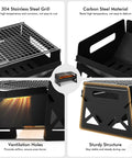 Charcoal Folding Portable Grill With Carry Bag featuring 304 stainless steel grate, carbon steel body, showcasing durability and design