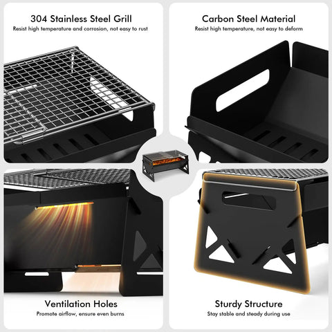 Charcoal Folding Portable Grill With Carry Bag featuring 304 stainless steel grate, carbon steel body, showcasing durability and design