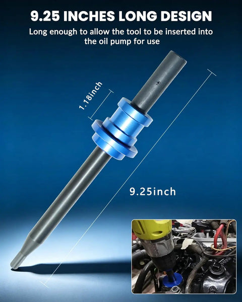 Premium Oil Pump Primer Tool For Gm Chevy Small And Big Block V6 V8 Drill Engaged Engine Break In Adapter showing 9.25 inch length design.