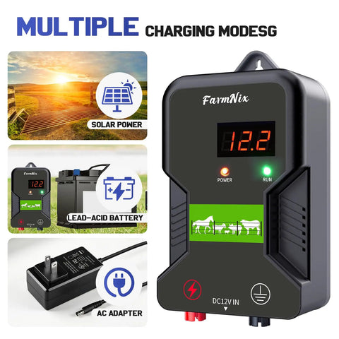 12KV Electric Fence Charger With LED Indicator, 15 KM Range, 2J Output, Works On AC DC Battery Or Solar Power, charging modes