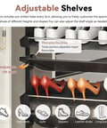 Adjustable shelves of Heavy Duty Vertical Pull Out Shoe Rack With Slick Glide Sliding Trays for various shoe heights and angles.