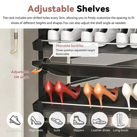Adjustable shelves of Heavy Duty Vertical Pull Out Shoe Rack With Slick Glide Sliding Trays for various shoe heights and angles.