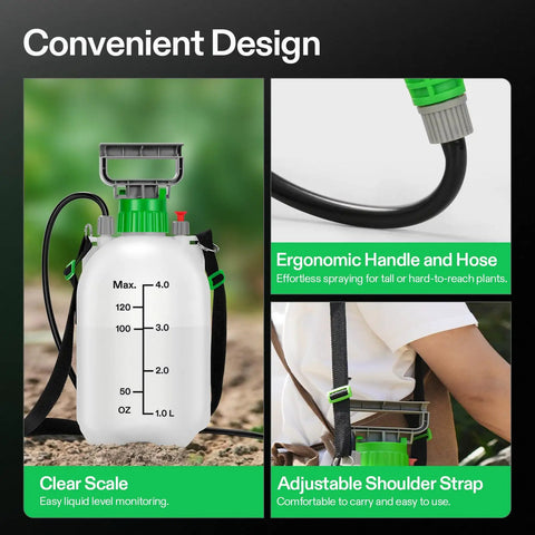 1 Gallon Garden Sprayer With 3 Nozzles For Plants Weeds And Lawn Care, Long 50 Inch Hose, pressure relief valve visible