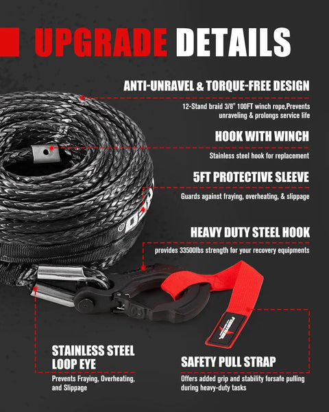 Beefy Synthetic Winch Rope Cable Kit with forged hook and protective sleeve details for off-road SUVs and 4WDs