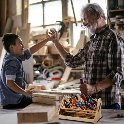 Bamboo Screwdriver Organizer Rack on workshop desk holding various tools, featuring eco-friendly natural grain finish and multiple storage holes.