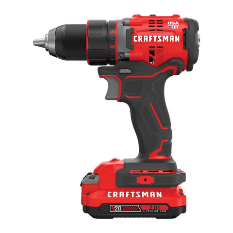 Side view of 20V Max Cordless Drill Driver with 1/2 Inch Keyless Chuck, includes two batteries and charger, brushless motor, USA made