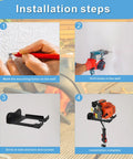 Installation steps for Heavy Duty Garage Organizer Wall Mount Trimmer Rack showing marking, drilling, and mounting process.